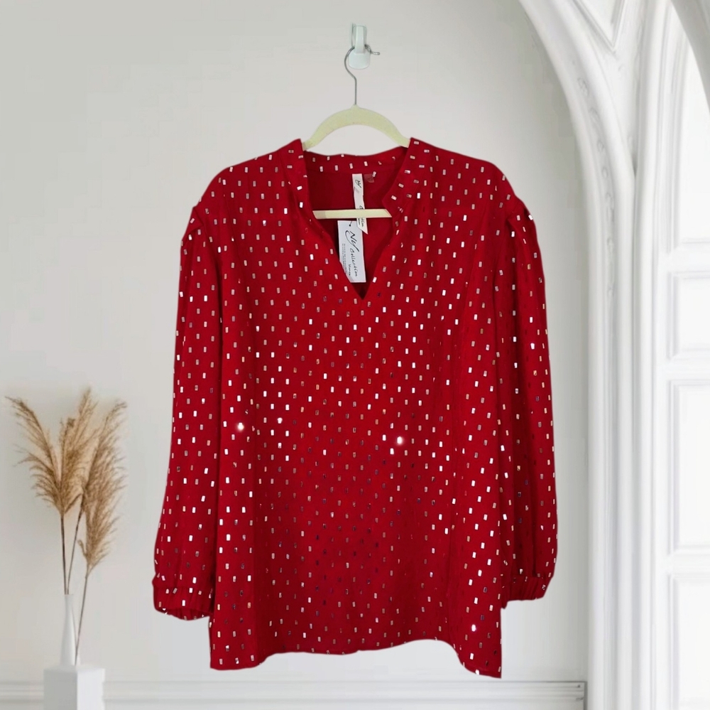 NY Collection Red Confetti Crepe Long Sleeve V-neck Blouse Size 3X NWT